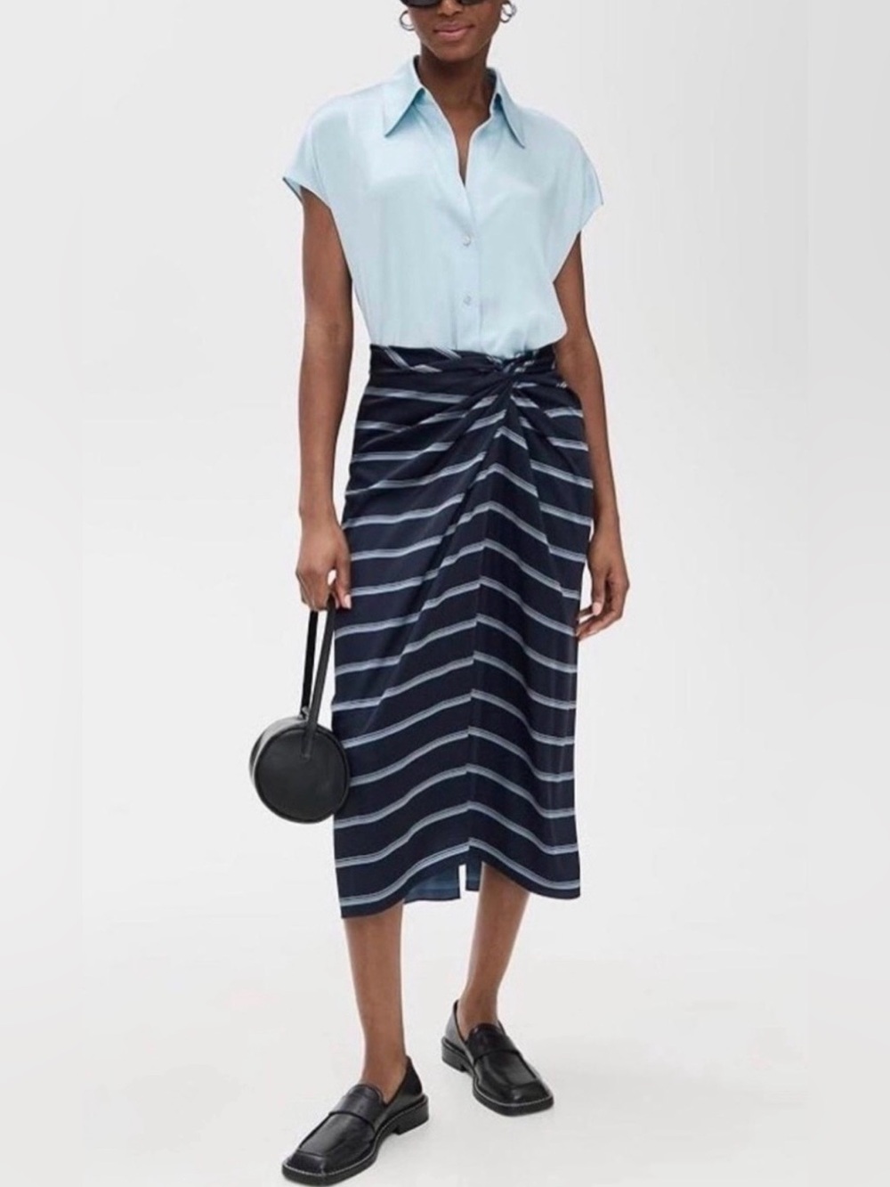 Vince Navy Light Blue White Rugby Stripe Satin Midi Skirt Gathered 4